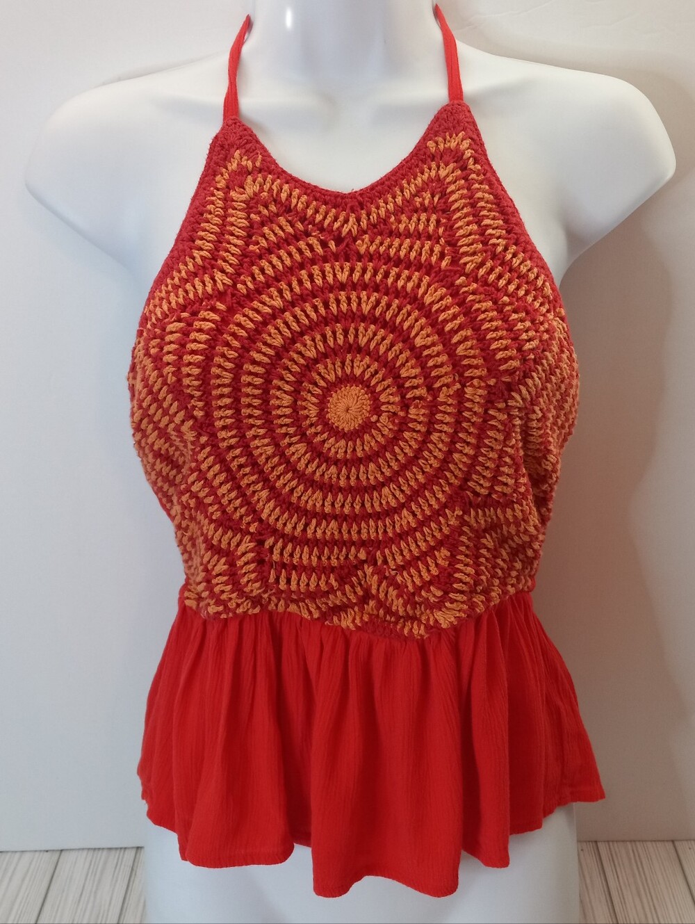 Forever 21 Halter Top Crochet Orange & Red Gauze Ruffled Bottom Y2k Retro Vibes